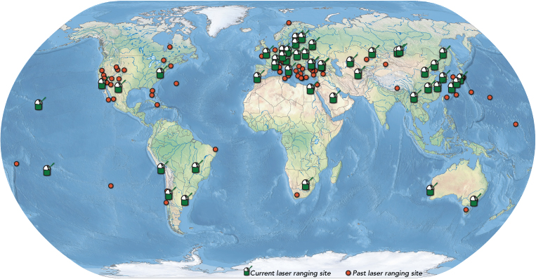 map of ground stations tracking LAGEOS in the past and the present.